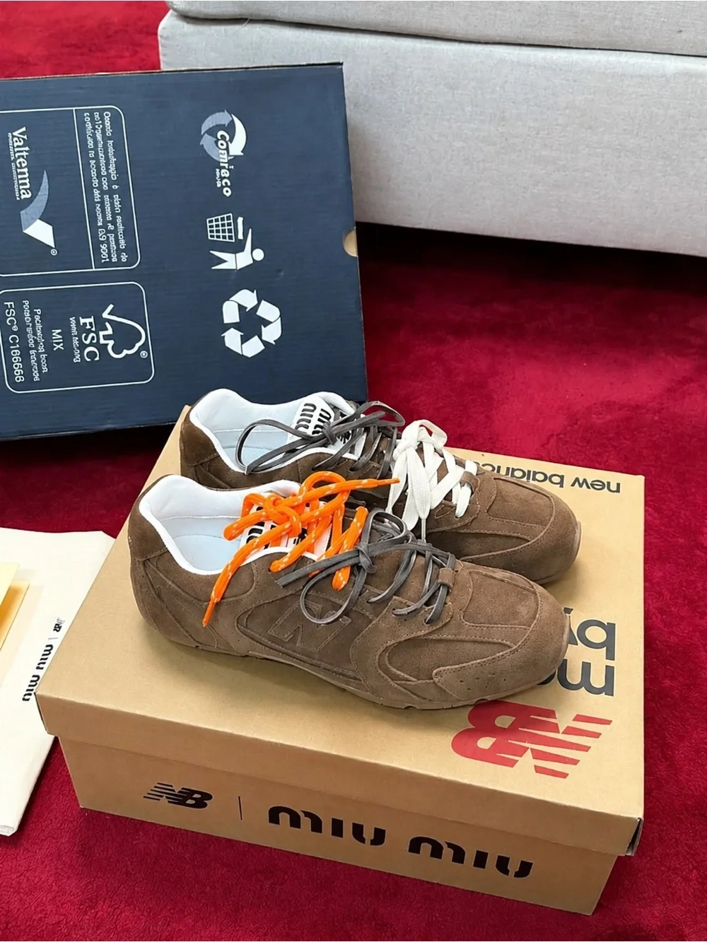Miu Miu Brown Suede Men's Sneakers with Cream and Orange Laces